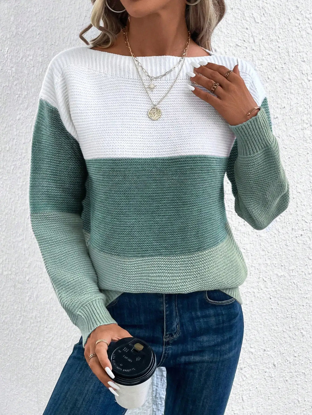 Elegant Three-color Patchwork Sweater Women Daily Commuter Casual Loose Jumpers Female Autumn Winter Knitted Thickened Warm Tops