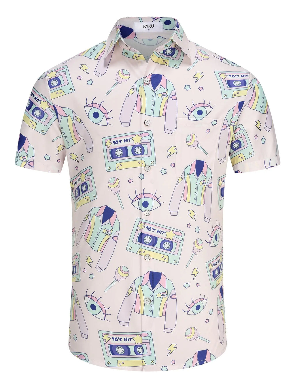 KYKU 80s Costume 90s Clothes Hawaiian Shirt for Men Button Down Shirts Short Sleeve Retro Disco Outfits