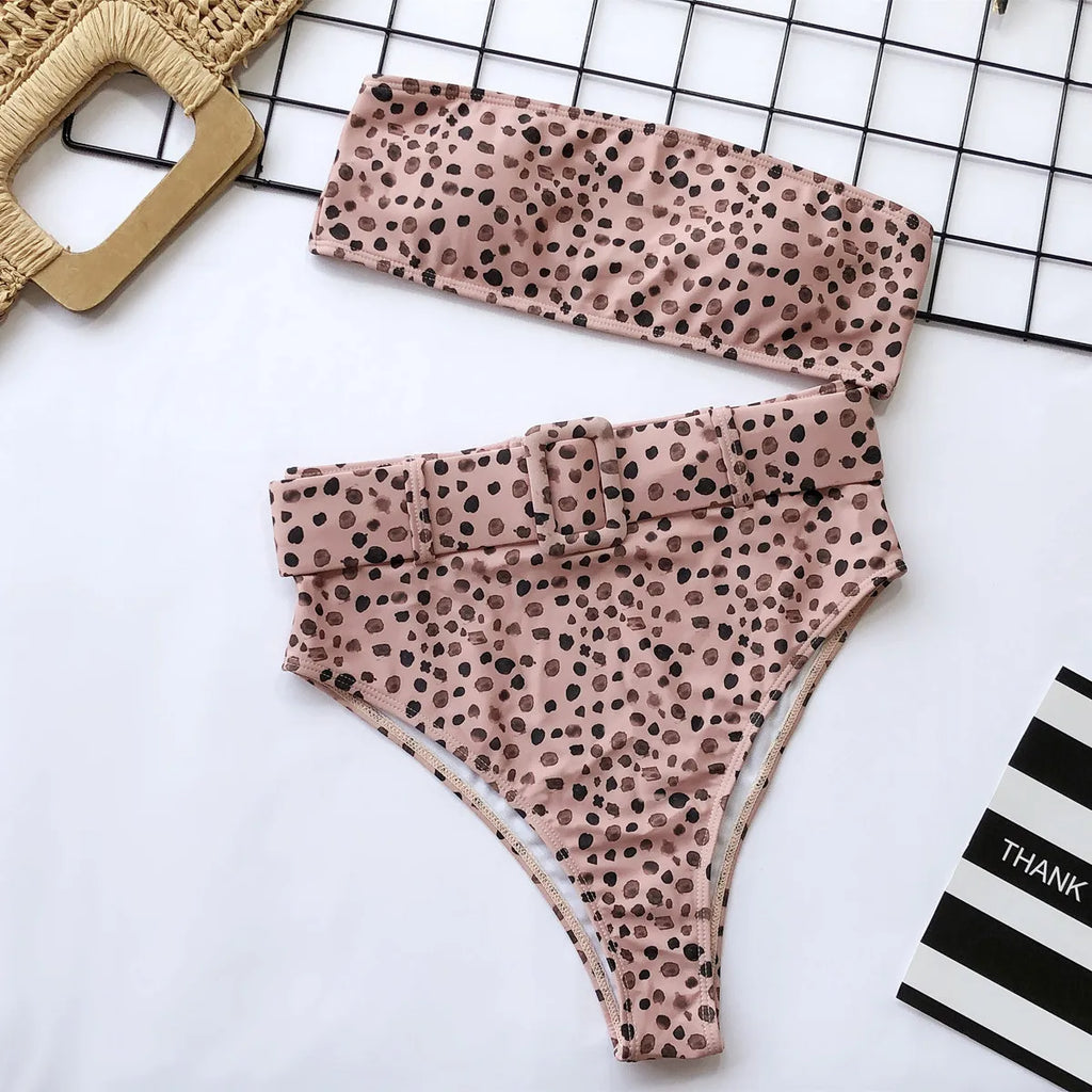 2023 Swimsuit Women Neon Green Strapless High Waist Bikini Beach Bathing Suit Waist Buckle Swimwear Maillot De Bain Femme XMB10