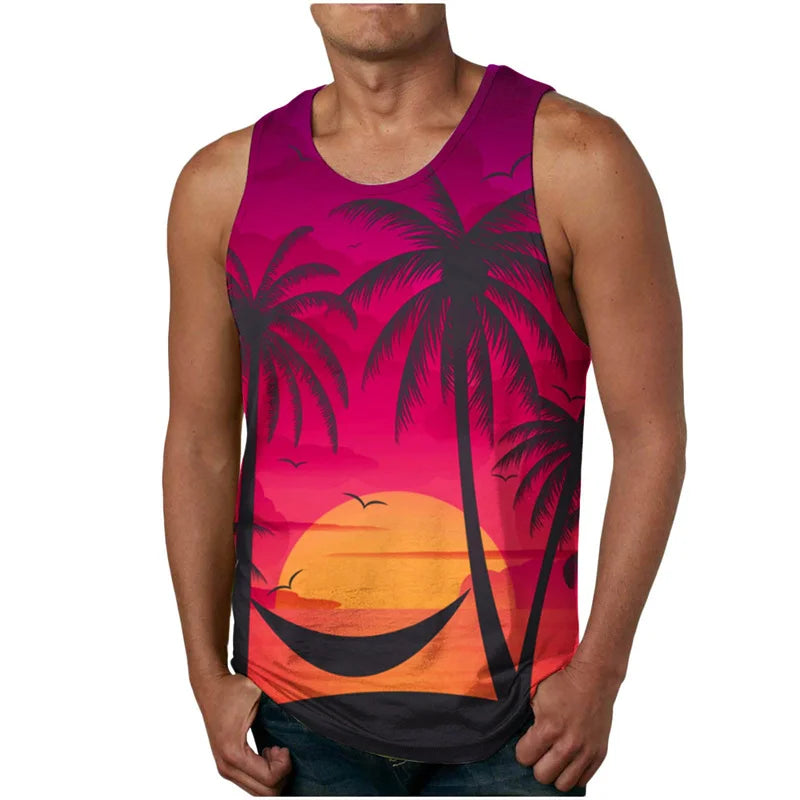 2024 New Summer Fashion Men's Sleeveless T-Shirt Classic Hawaiian Beach Coconut Print Men's Vest Extreme Sports Surf Vest