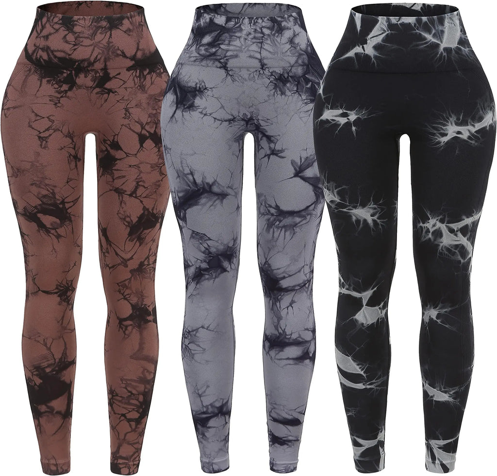 3 Piece Workout Leggings Sets for Women High Waisted Tie Dye Gym Scrunch Butt Lifting Seamless Yoga Leggings Athletic Pants
