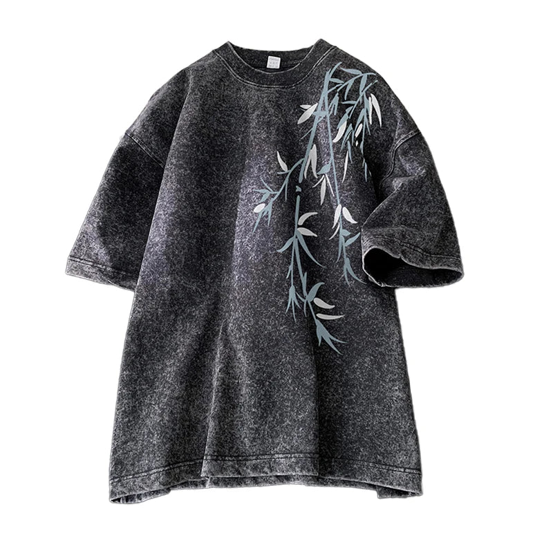 Bamboo Leaf Pattern Short Sleeve Heavy Fabric Acid Washed Men's T-shirt Men Woman Streetwear Oversized Loose Tops Summer Tees