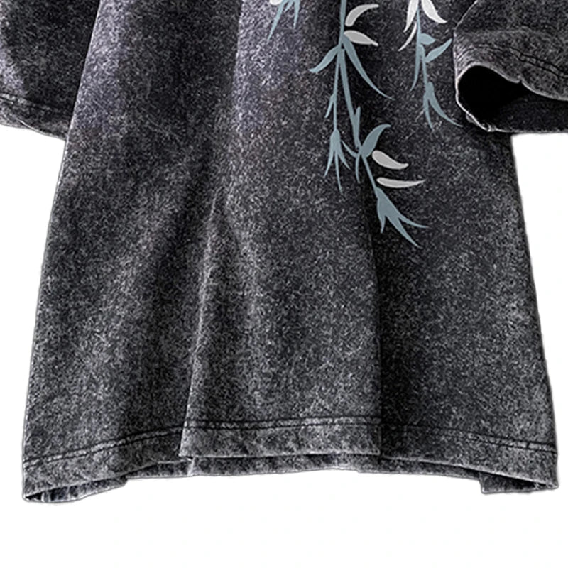 Bamboo Leaf Pattern Short Sleeve Heavy Fabric Acid Washed Men's T-shirt Men Woman Streetwear Oversized Loose Tops Summer Tees