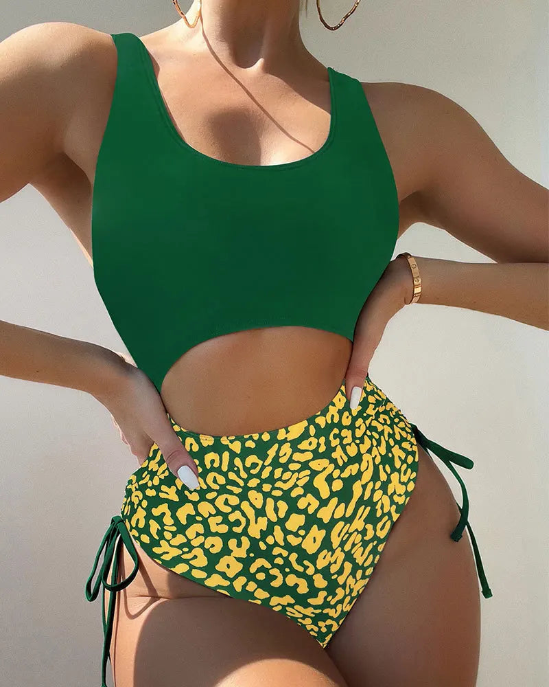2024 Leopard Print Bikini High Waist One Piece Swimsuit for Women Sexy Hollow Out Swimwear Summer Beach Vacation Monokini New