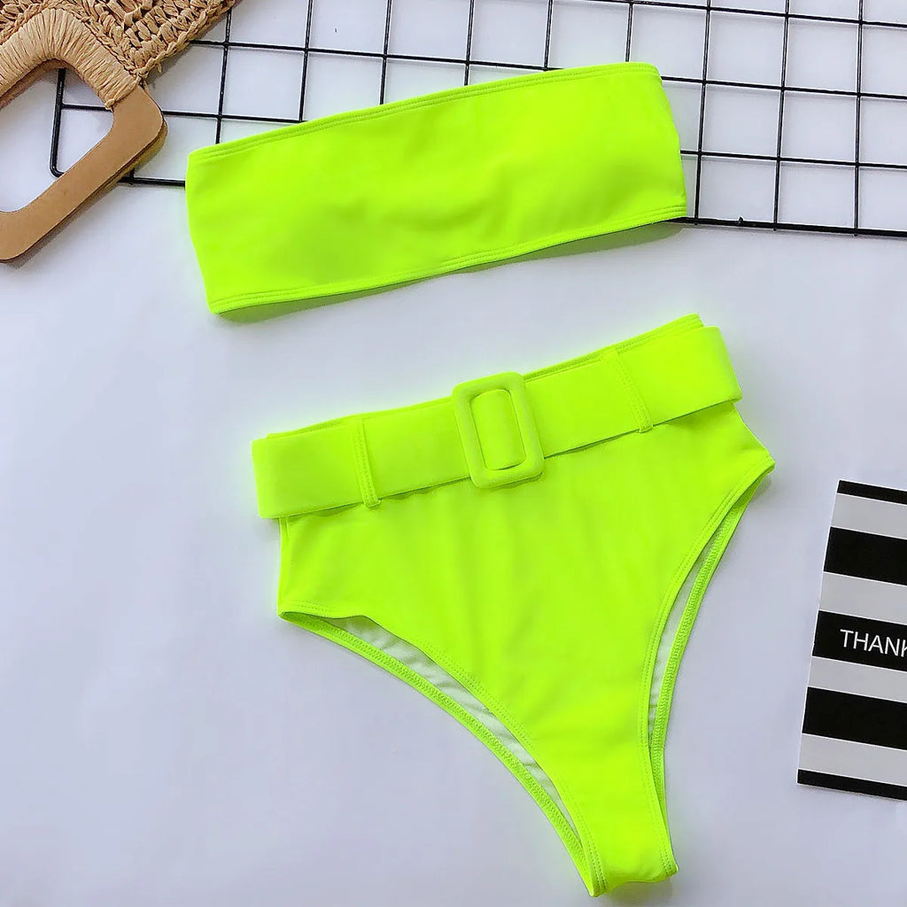 2023 Swimsuit Women Neon Green Strapless High Waist Bikini Beach Bathing Suit Waist Buckle Swimwear Maillot De Bain Femme XMB10