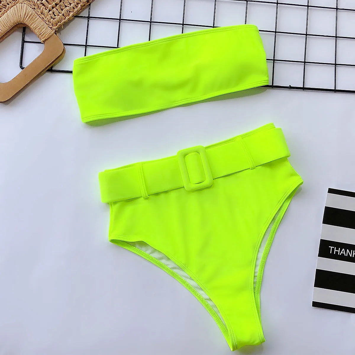2023 Swimsuit Women Neon Green Strapless High Waist Bikini Beach Bathing Suit Waist Buckle Swimwear Maillot De Bain Femme XMB10