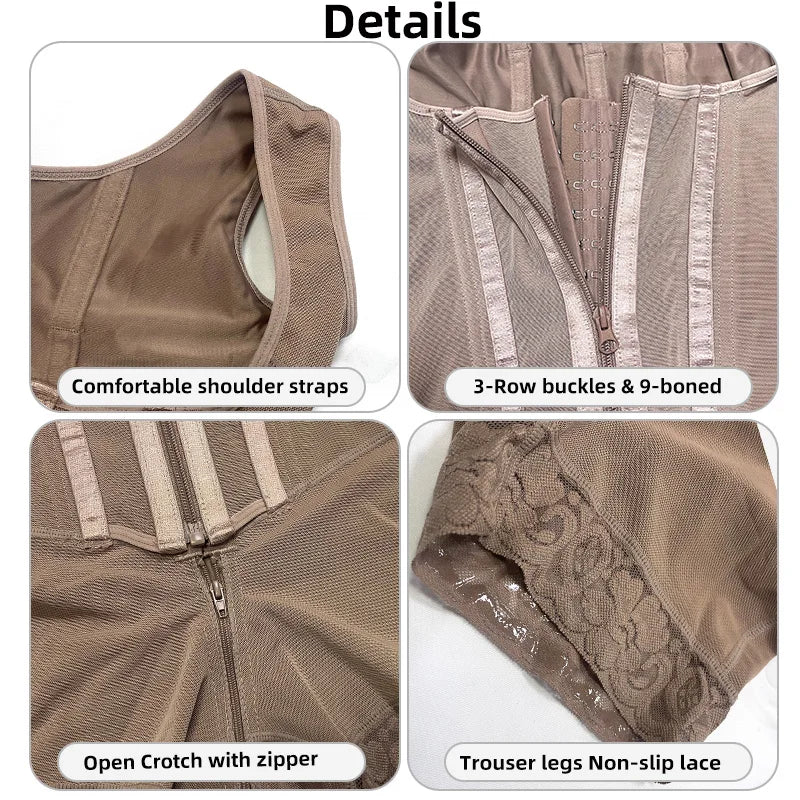 Body Shaper Shapewear Women Bodysuit Colombian Fajas 9-bone High Compression Girdle Double Tummy Control,Open Crotch with Zipper