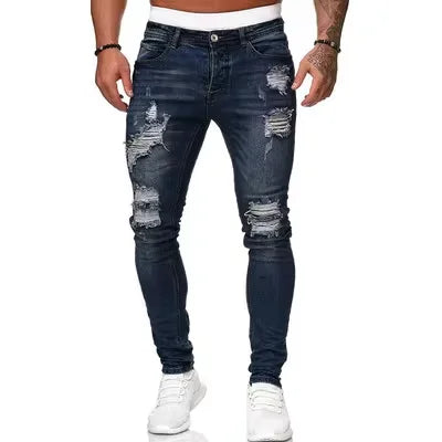 2025 ipped Mid Waist Slim Fit Men Jeans Vintage Denim Wash Solid Punk Style Skinny Pencil Pants Distressed Holes Ankle Length