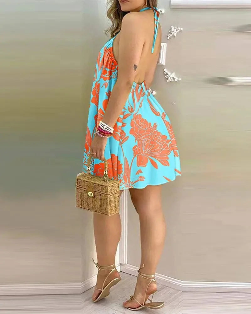Floral Print Halter Neck Dress Boho Backless Halter Dress For Spring  Summer Women's Clothing