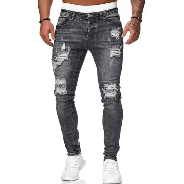 2025 ipped Mid Waist Slim Fit Men Jeans Vintage Denim Wash Solid Punk Style Skinny Pencil Pants Distressed Holes Ankle Length