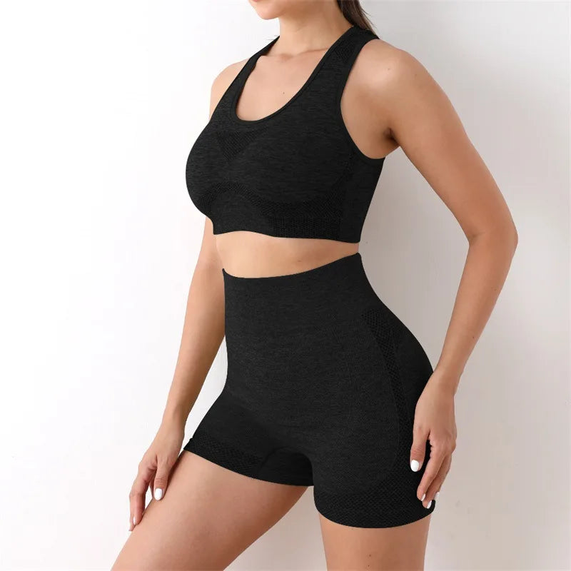 2PCS Seamless Women Yoga Set Workout Sportswear Gym Clothing Fitness Long Sleeve Crop Top High Waist Leggings Sports Suits