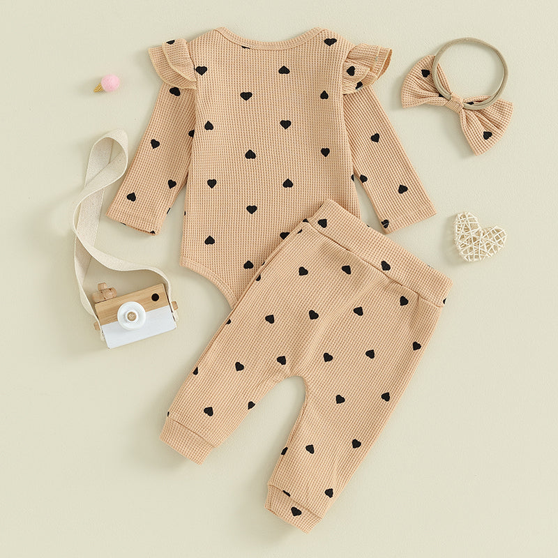 2023-09-12 Lioraitiin Infant Baby Girl Clothes Set Waffle Knit Heart Long Sleeve Romper Pants Headband Suit Outfits Fall Clothes