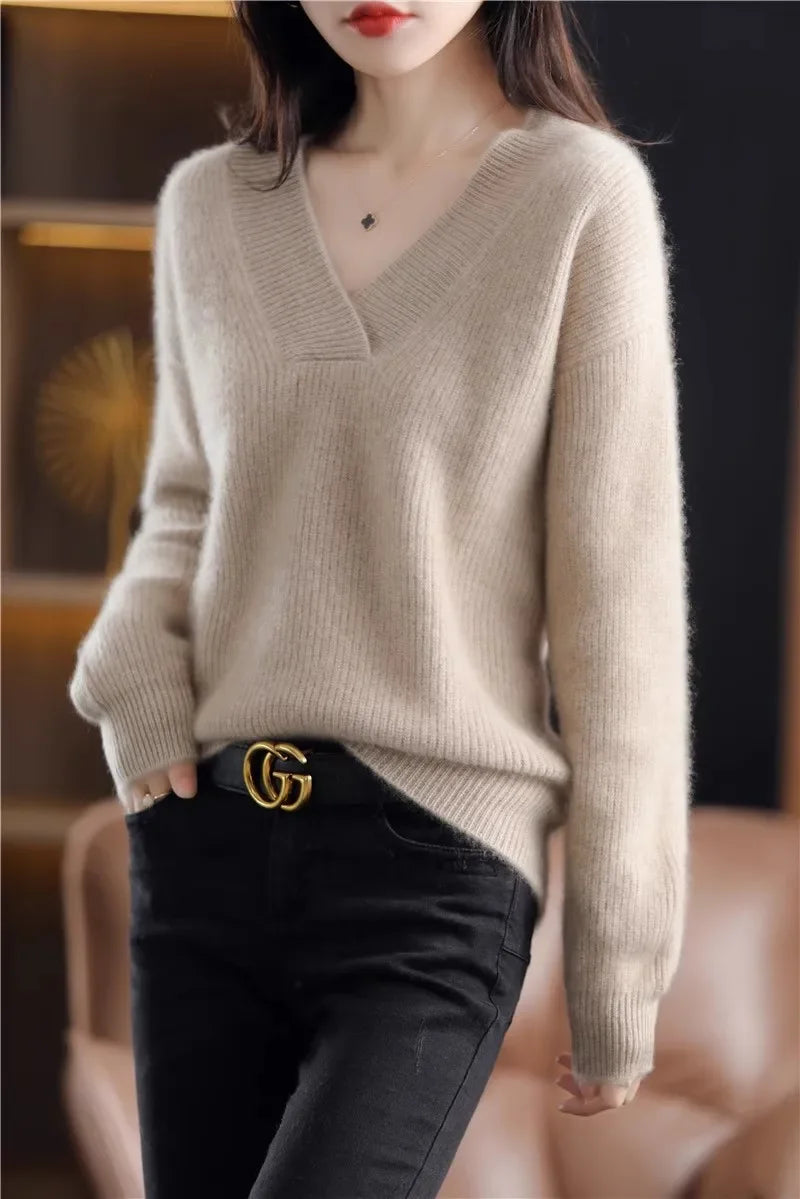 V-neck Basis Pullover Women's Solid Loose Knit Sweater Autumn Winter Jumpers Knitwear Soft Warm Chic Femme Sweater Casual Tops
