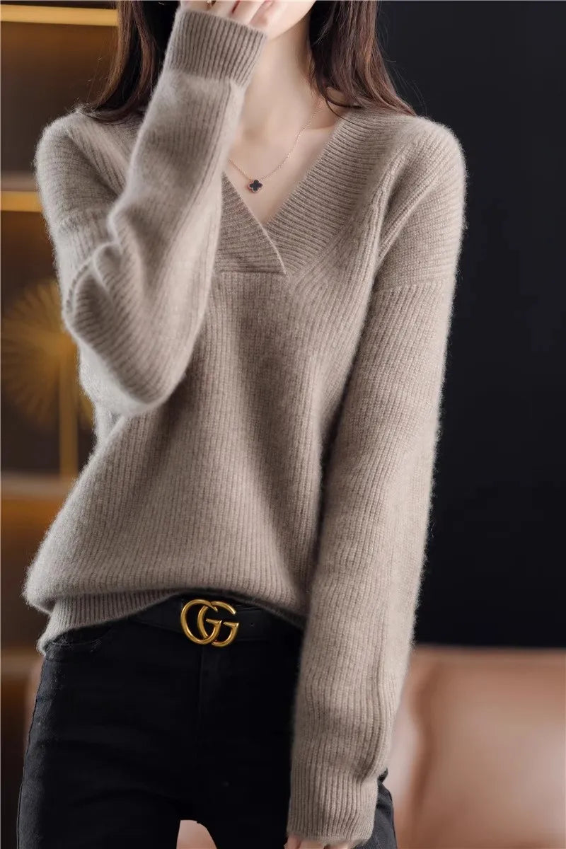 V-neck Basis Pullover Women's Solid Loose Knit Sweater Autumn Winter Jumpers Knitwear Soft Warm Chic Femme Sweater Casual Tops