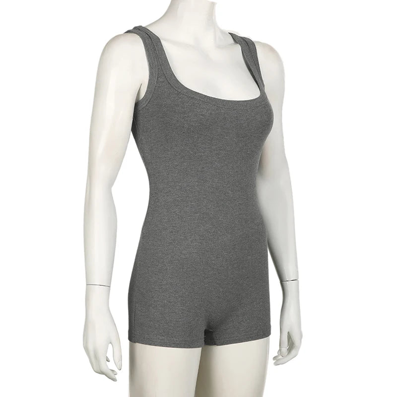 BIIKPIIK Solid Square Collar Women Rompers Casual Sleeveless Knit Playsuits Sporty Jogging Slim Fit Overalls Body-shaping Summer