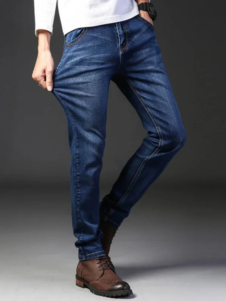 Autumn Classic Men's Fitted Stretch Jeans Business Casual Cotton Denim Straight Leg Pants Male Black Blue Trousers