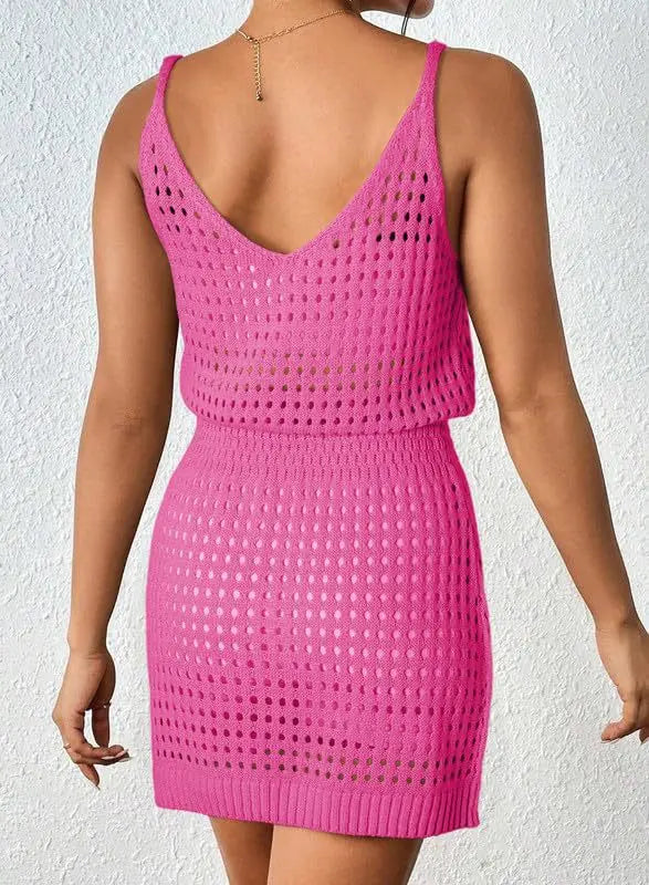 Summer Hollow Out Knitting Mini Spaghetti Strap Dresses Women Sexy V-neck Backless Vacation Beach Dress Casual Beachwear Vestido
