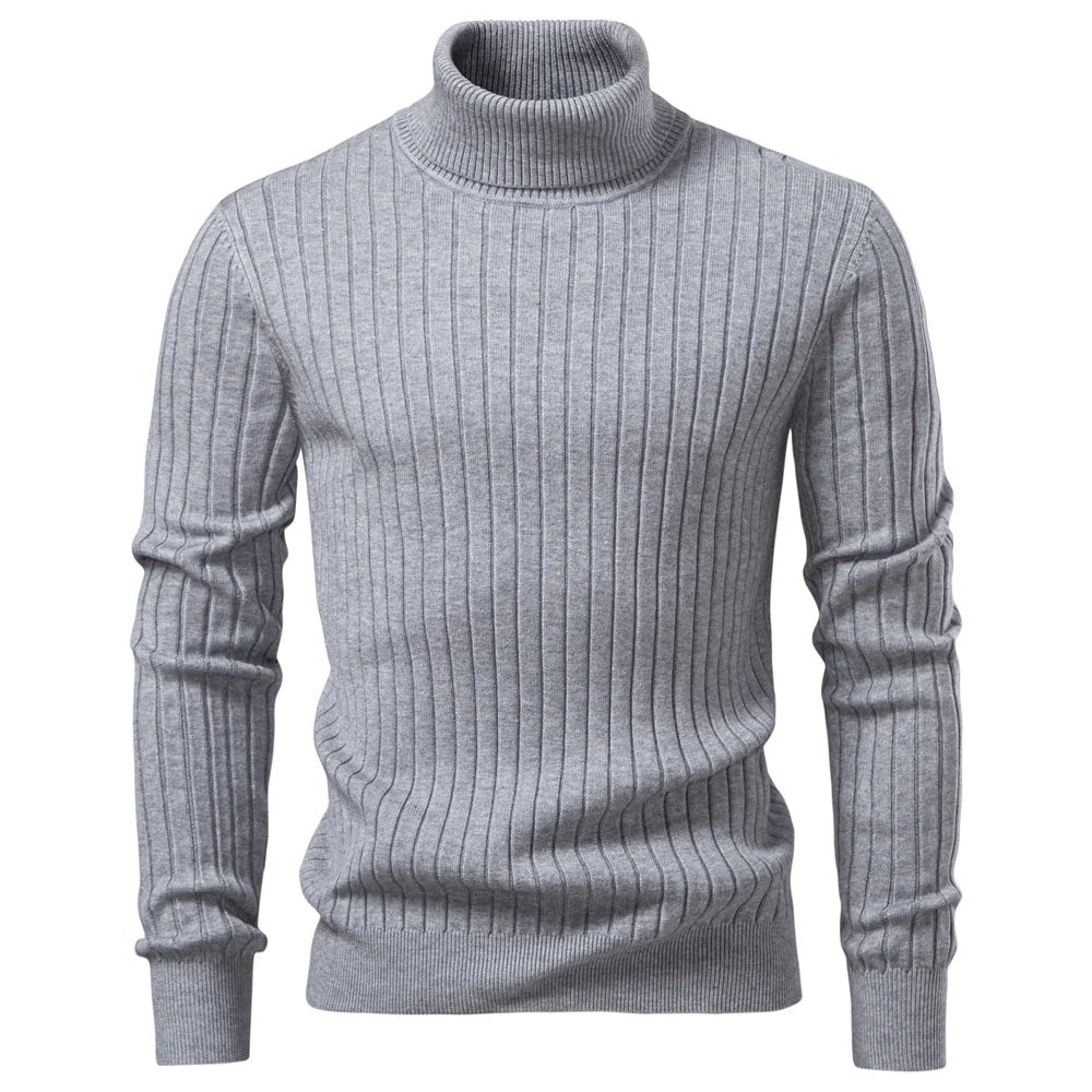 AIOPESON Men's Turtleneck Sweater Solid Color with Striped Pullover Warm Knitwear Winter Basic Casual High Quality Sweater Male