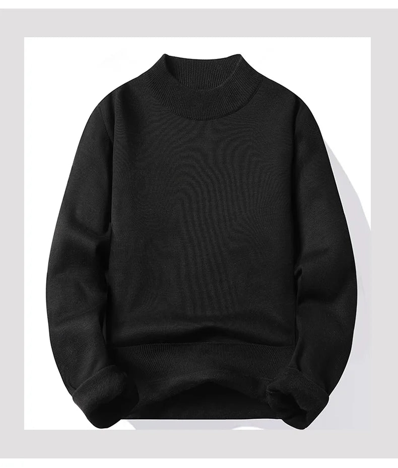 Winter New Men's Knitted Sweater with A Half High Collar Solid Color Plush and Warm Knitted Lining Top  Casual and Versatile Top