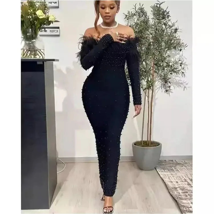 2024 New Evening Sexly Fashion Women Long Dress Cocktail Party Elegant Slim Fit Feather Ankle-Length Dress Hip Wrapped Dresses
