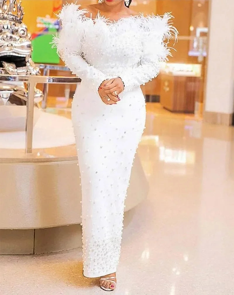 2024 New Evening Sexly Fashion Women Long Dress Cocktail Party Elegant Slim Fit Feather Ankle-Length Dress Hip Wrapped Dresses