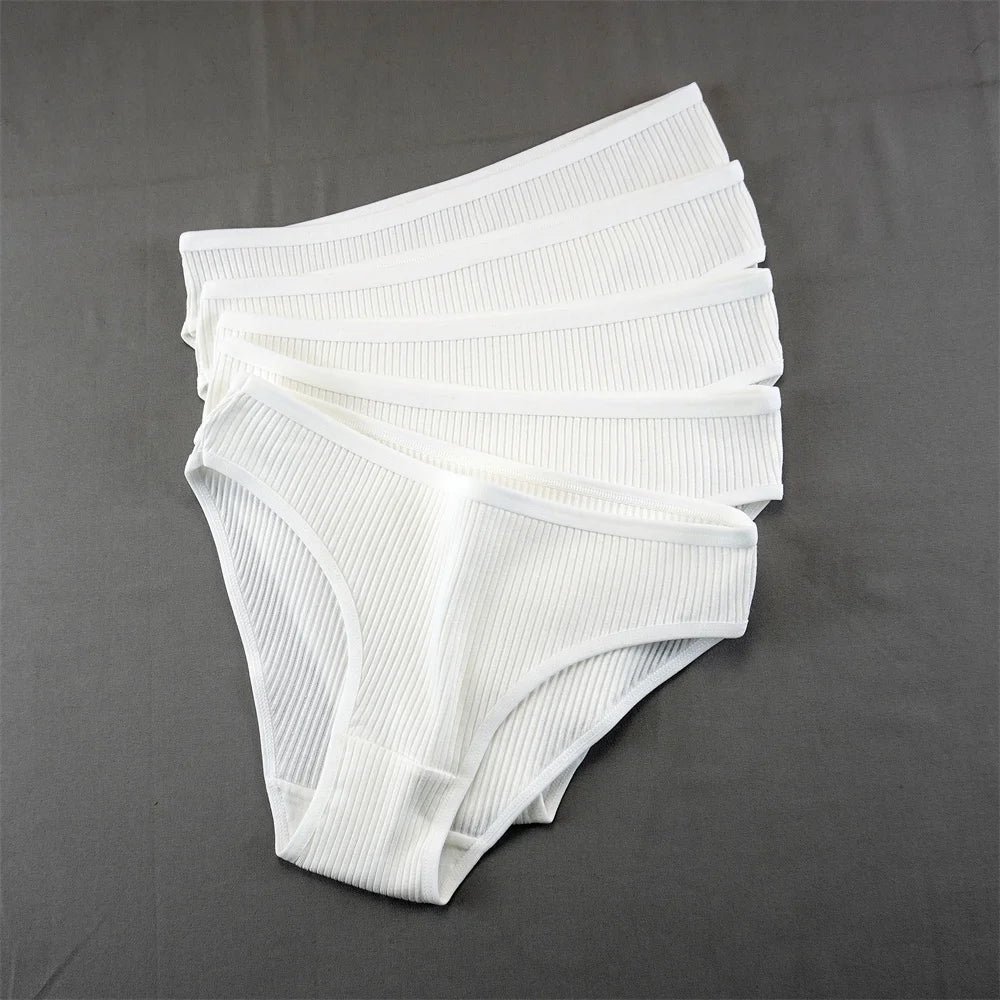 5Pcs White Ribbed Cotton Panties Women Breathable Low Rise Simple Panty Girls Bikini Briefs Sports Underwear