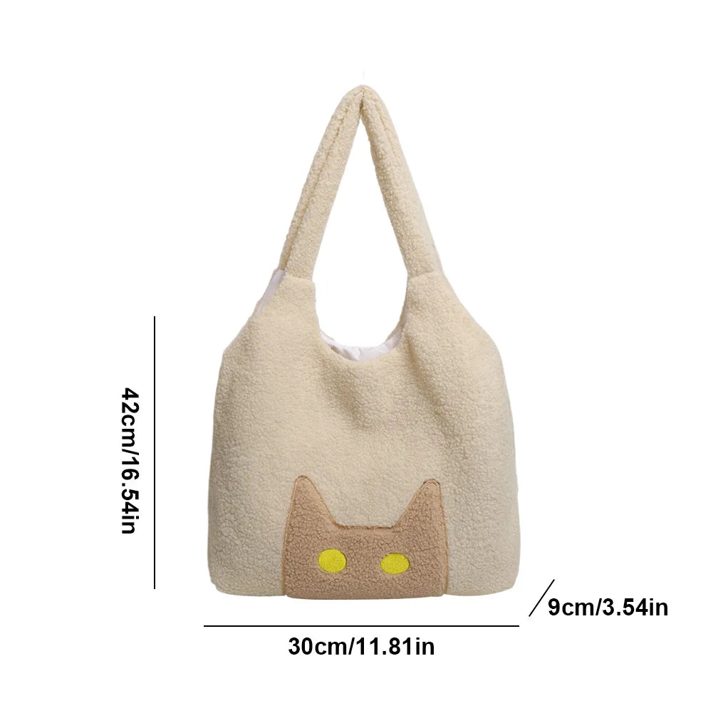 Women Lambs Wool Tote Handbag Large Capacity Plush Tote Bag Cute Cat Satchel Bag Fluffy Purse Shopping Dating Bag