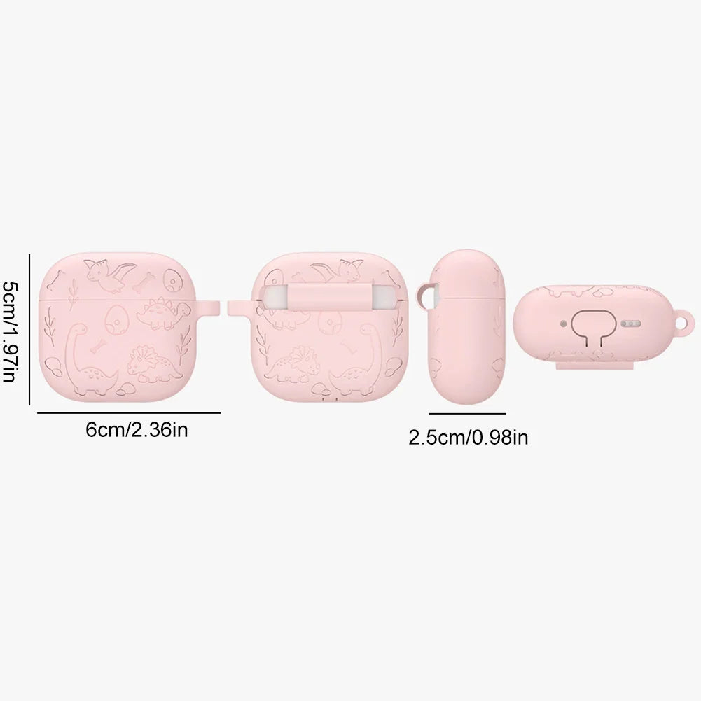 Silicone Case Protector with Carabiner Engraved Flower Dinosaur Case Soft Silicone Skin Protective Case for AirPods 4 Gen (2024)