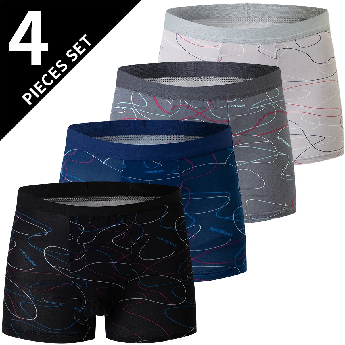 4 Pack European and American Size MEN'S FASHION Printed Boxer Underwear Comfortable Swimming Trunks Oversized Underwear Shorts