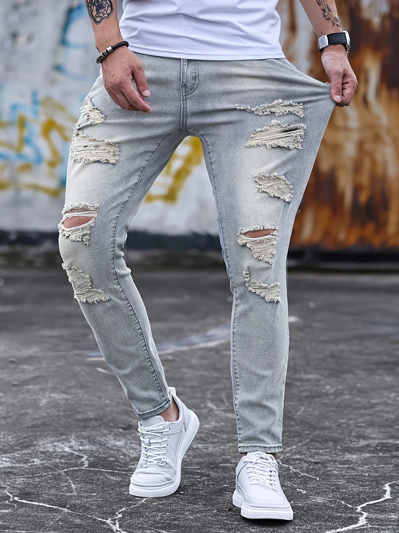 Men's black slim fit jeans, fashionable ripped elastic jeans
