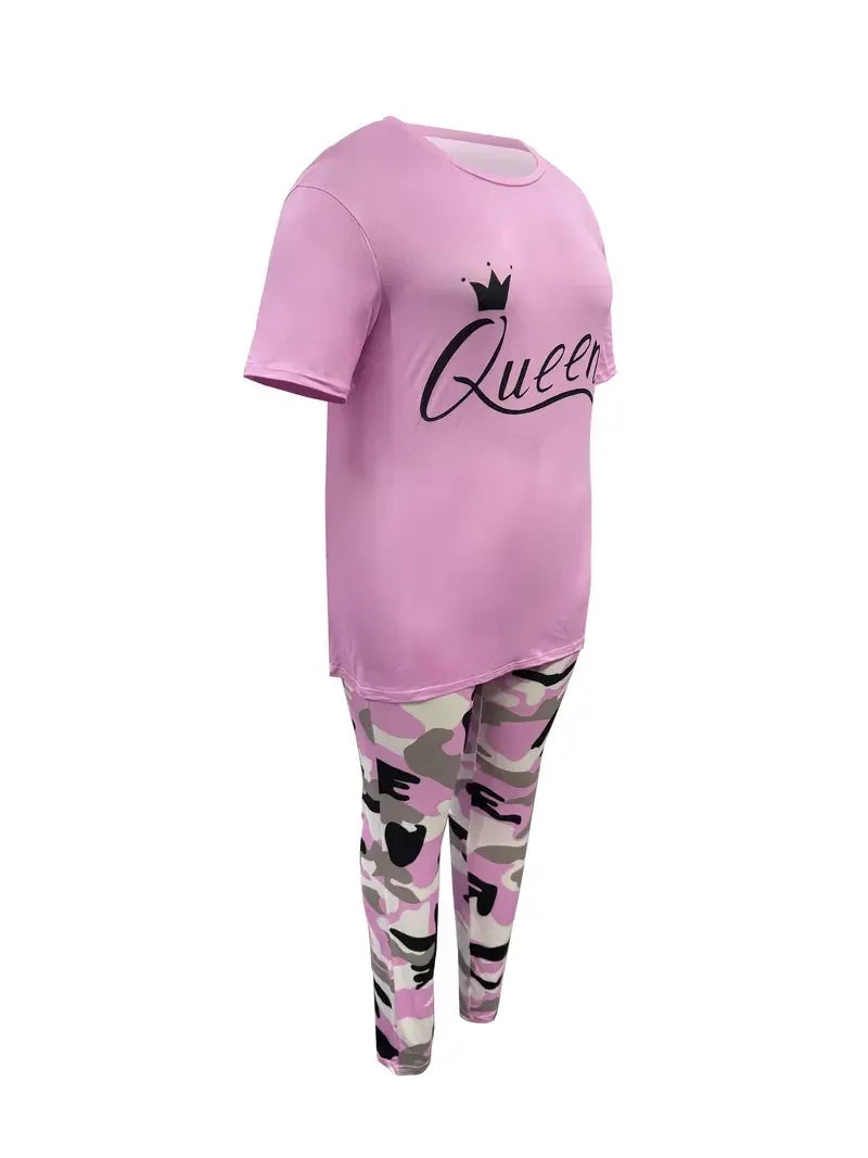 Plus Size Women's Casual Suit, Fashion Letter Print Camouflage Pants Two-Piece Set
