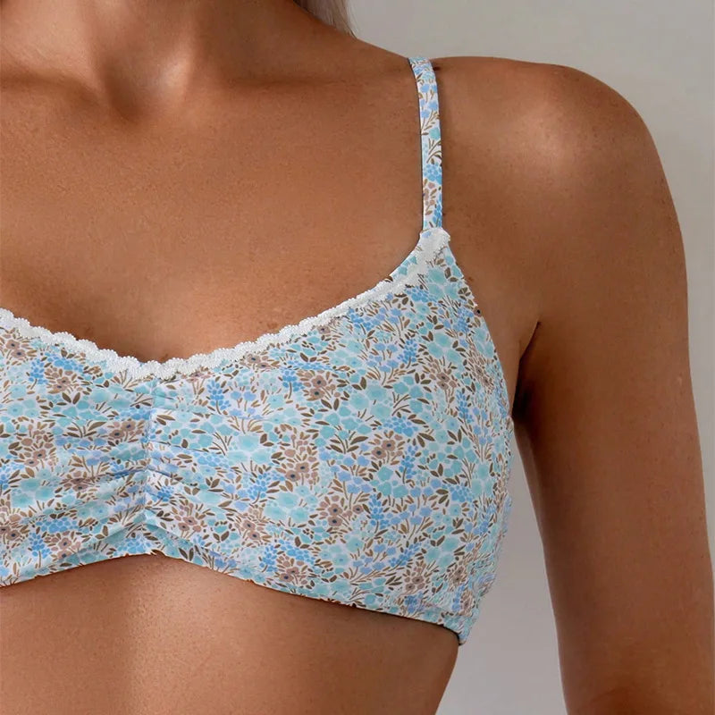 2025 New Floral Print Bikini Set Women's Light Blue Lace 2 Piece Swimsuit V-neck Suspender Backless Beach Vacation Bathing Suit