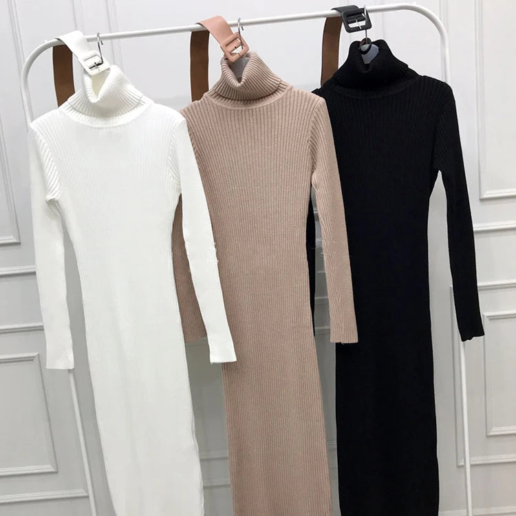 H Han Queen Knitted Turtleneck Sweater Bodycon Dress Bottoming Women Soft Elastic Autumn Winter Midi Party Dresses With Belt