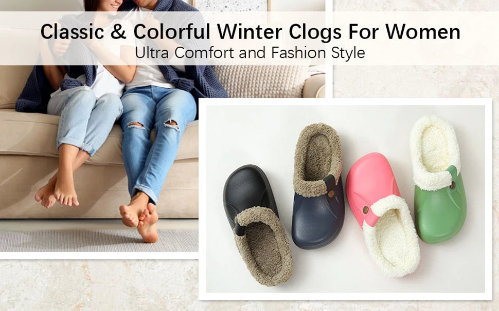 Pallene Fur Lined Clogs Women Men Waterproof Graden Shoes Winter Fuzzy Slippers Plush Bedroom Shoes Outdoor Fashion Fur Clogs