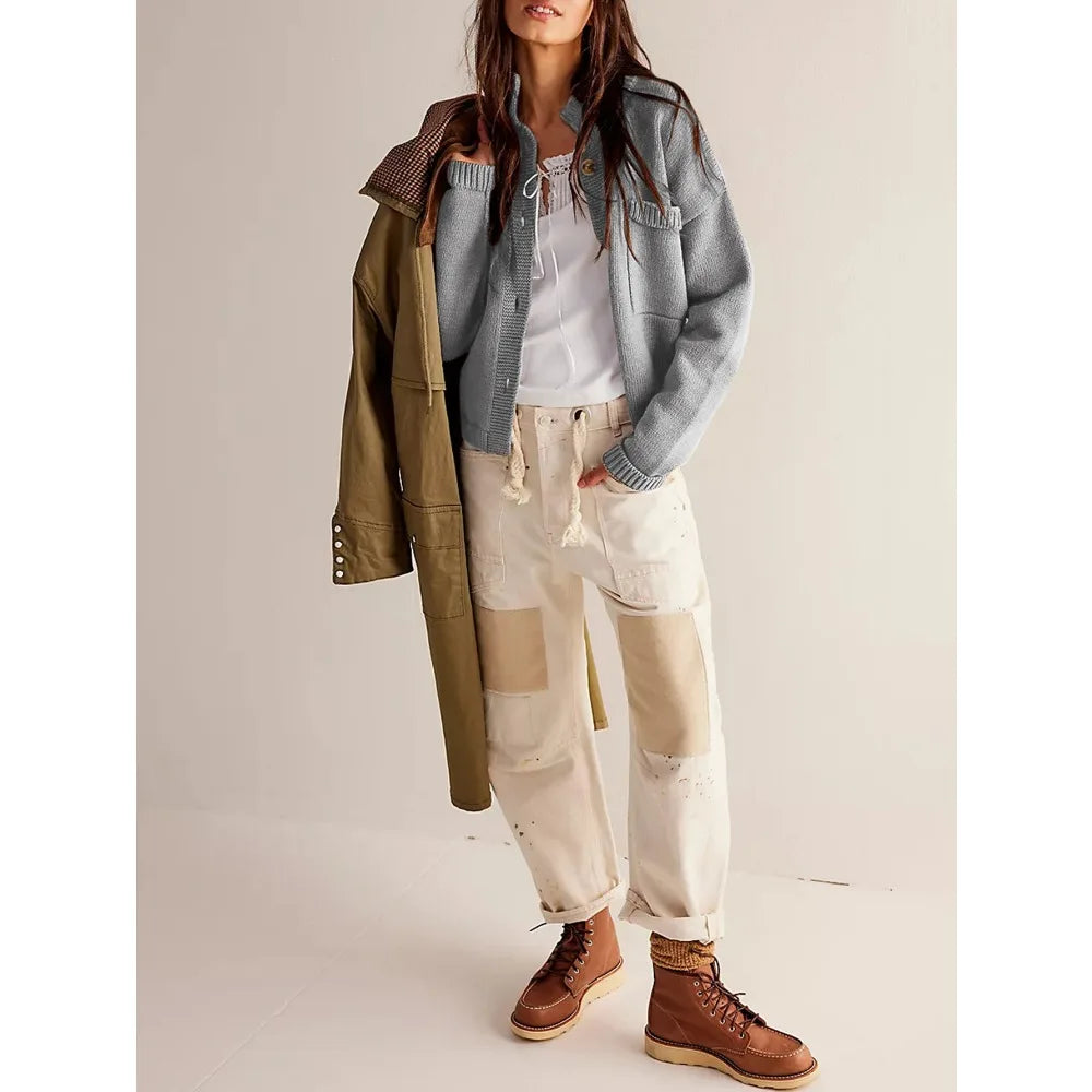 Women Cardigans Long Sleeve Button Up Knit Cardigan with Pockets Stand Collar Causal Fall Warm Sweater Solid Color Comfy Outwear