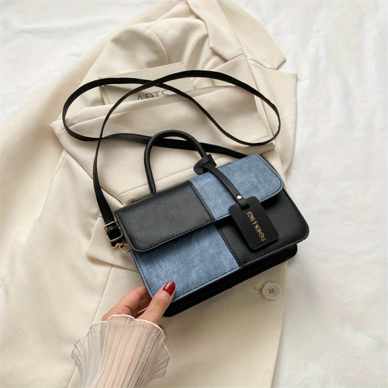 Chic Colorblock Square Top Handle Handbag for Women, Stylish Flap Shoulder Purse with Novelty Design, Fashionable PU Leather Bag