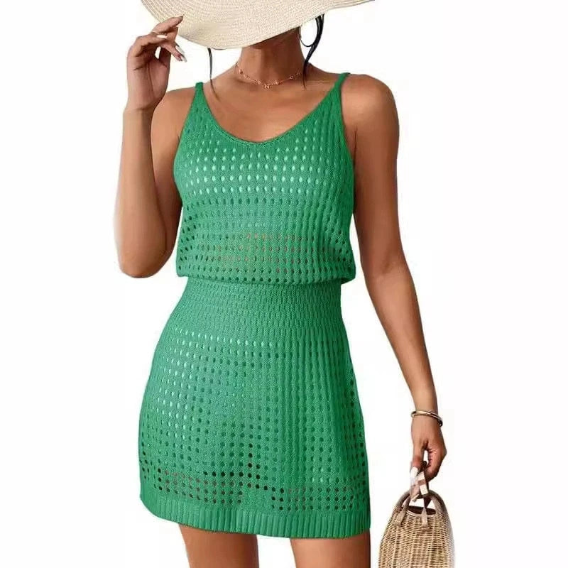 Summer Hollow Out Knitting Mini Spaghetti Strap Dresses Women Sexy V-neck Backless Vacation Beach Dress Casual Beachwear Vestido