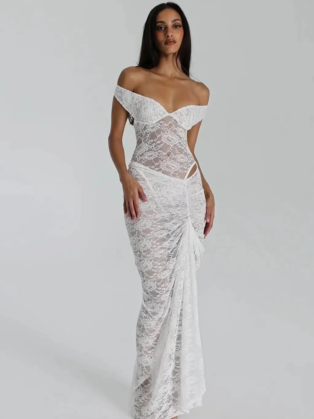 Articat Sexy Lace Deep V Sleeveless Slim Dress Set men Perspective Tight Split Backless Charming Long Party Holiday Beach Set
