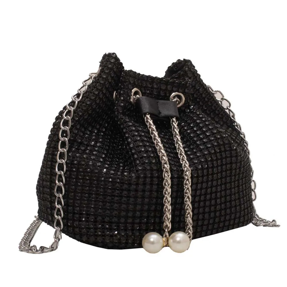 Women Rhinestone Shoulder Bag Summer Shiny Diamonds Chain Crossbody Messenger Bag Fashion Female Pearl Bucket Handbags Purse