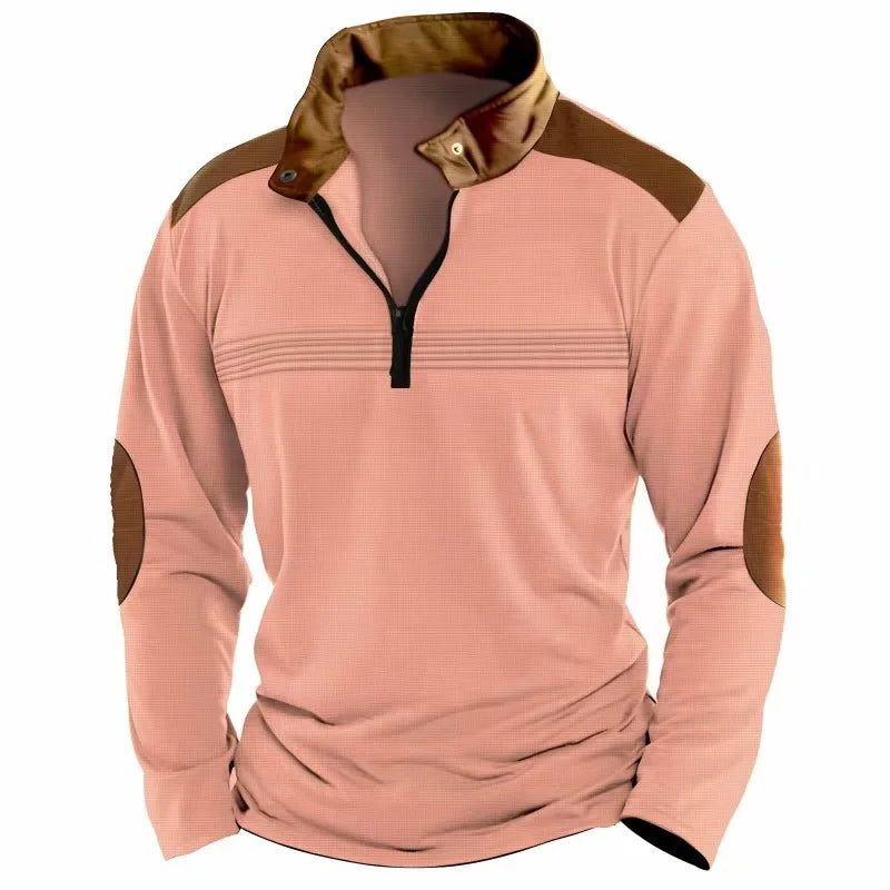 2025 Cross-border men's patchwork pullover zipper solid color POLO shirt zipper long-sleeved sports polo shirt crazy street casu