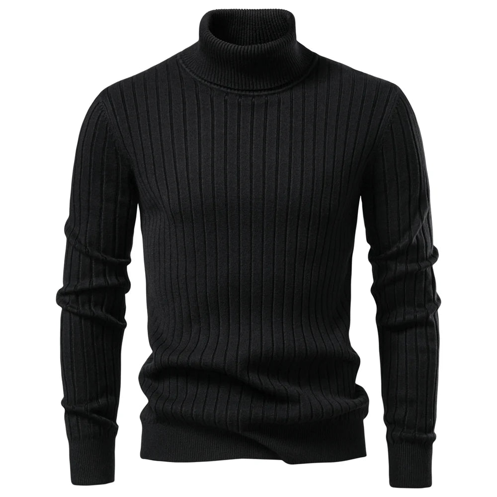 AIOPESON Men's Turtleneck Sweater Solid Color with Striped Pullover Warm Knitwear Winter Basic Casual High Quality Sweater Male