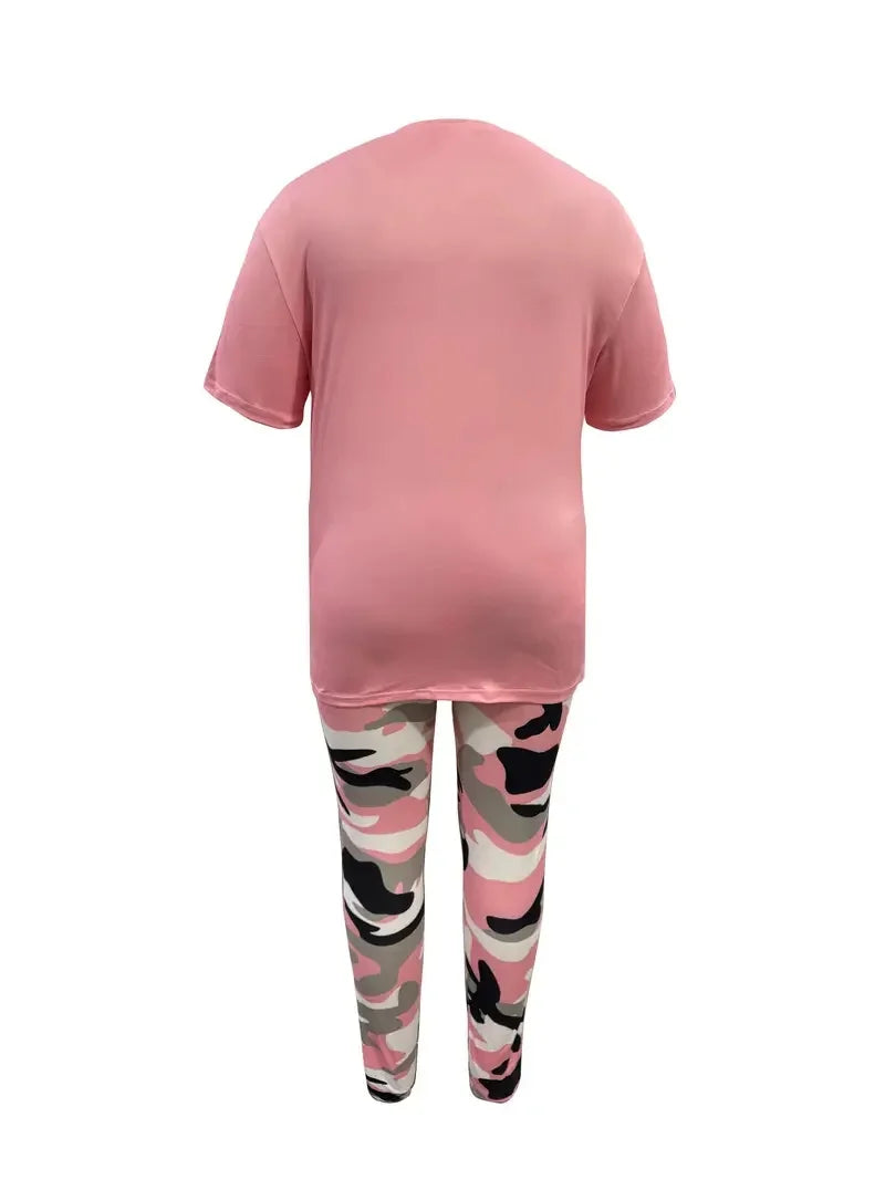 Plus Size Women's Casual Suit, Fashion Letter Print Camouflage Pants Two-Piece Set