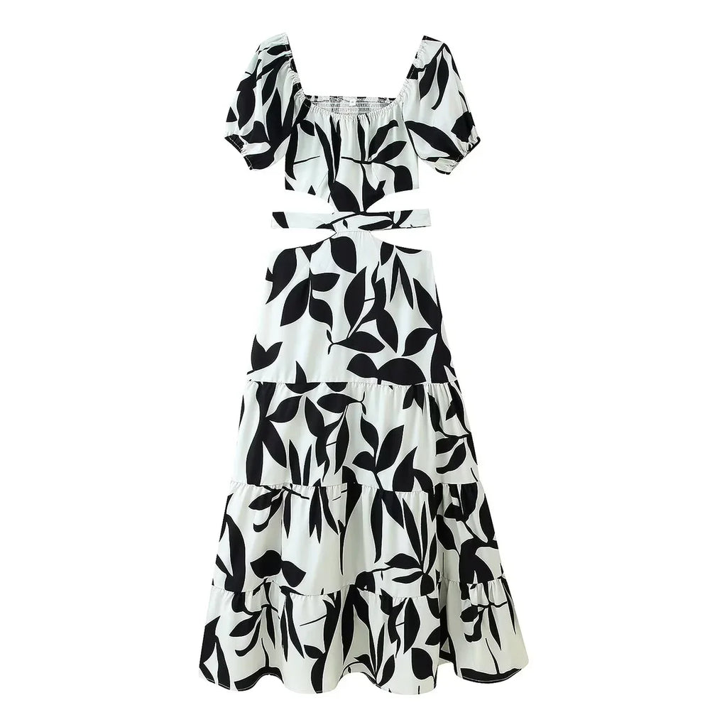 TRAF Elegant Off Waist Dresses For Women Fashion Printed Short Sleeve Dress Lace Up Slim Long Dress Temperament Party Dresses
