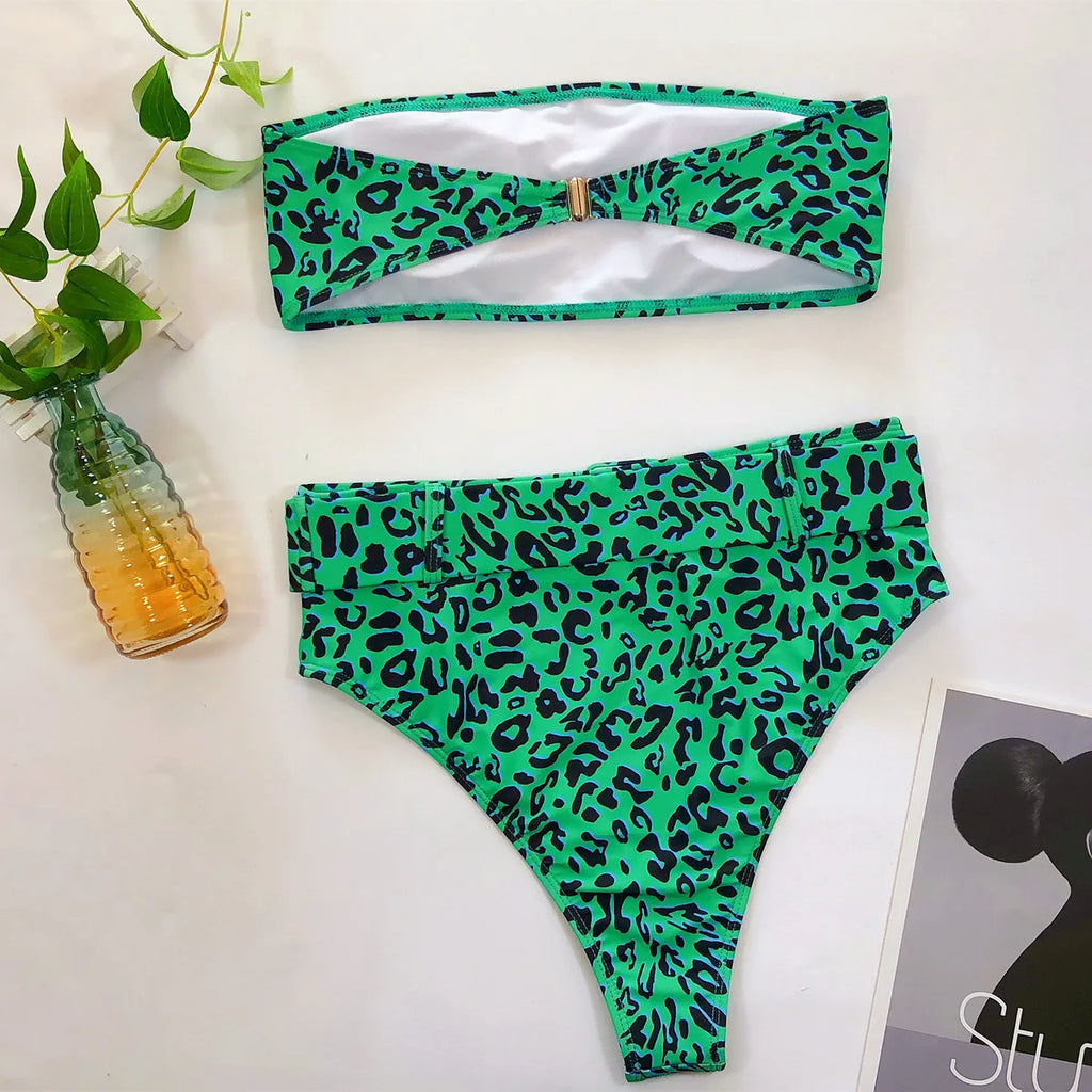 2023 Swimsuit Women Neon Green Strapless High Waist Bikini Beach Bathing Suit Waist Buckle Swimwear Maillot De Bain Femme XMB10