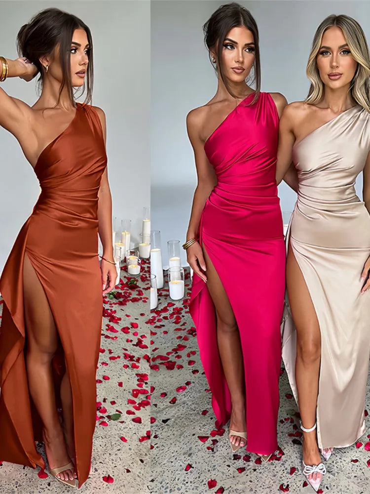 Summer Sexy One Shoulder Satin Long Dress For Women Sleeveless Backless High Split Party Evening Dresses Elegant Cocktail Dress
