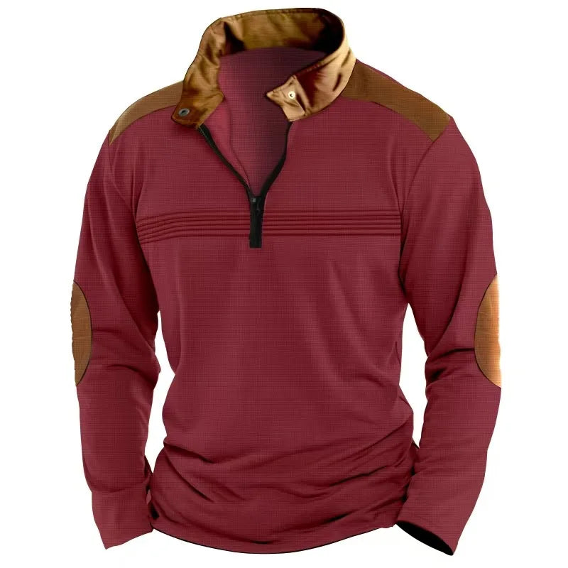 2025 Cross-border men's patchwork pullover zipper solid color POLO shirt zipper long-sleeved sports polo shirt crazy street casu