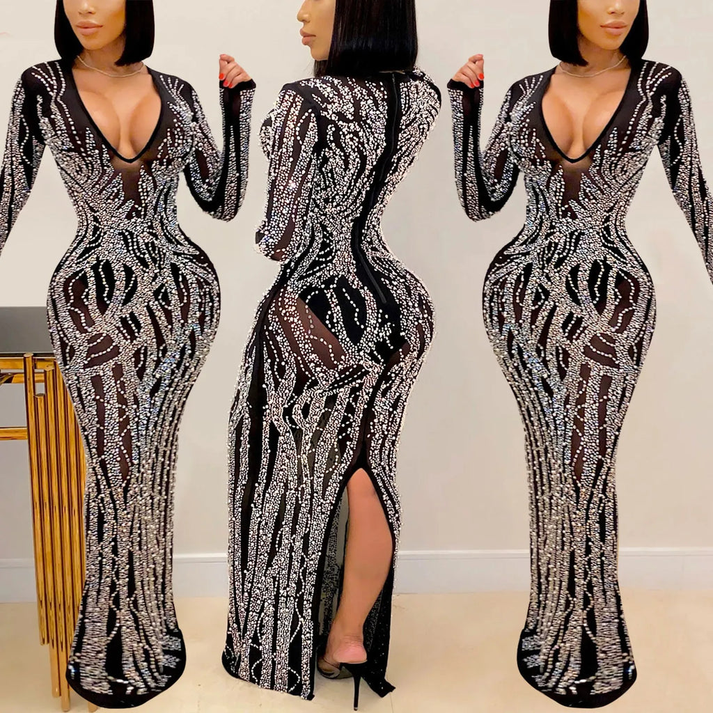 Beach Maxi Dress Slit Long High Women'S Rhinestone Mesh Neck V Sexy Sheer Dress Party Dress Sleeve Womens Coral Dress Casual