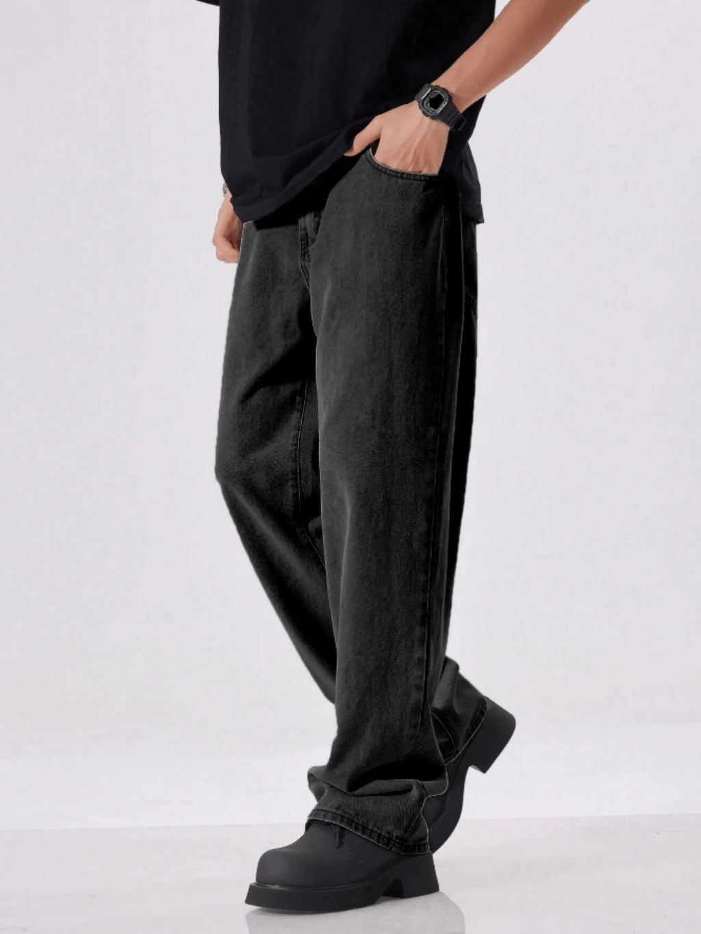 Men's Straight-Leg Business Jeans in Black with Five Pockets and Slim Mid-Rise Professional Versatility