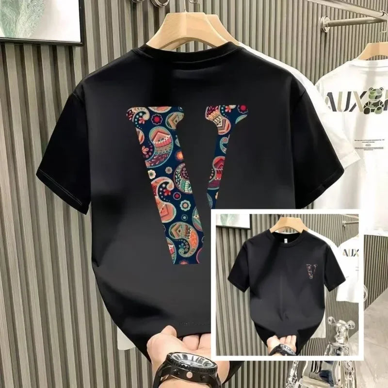 2025 New High Quality Heavyweight Cotton Short Sleeve T-Shirt Unisex Loose Breathable Summer Fashion Brand  Crew Neck Strip