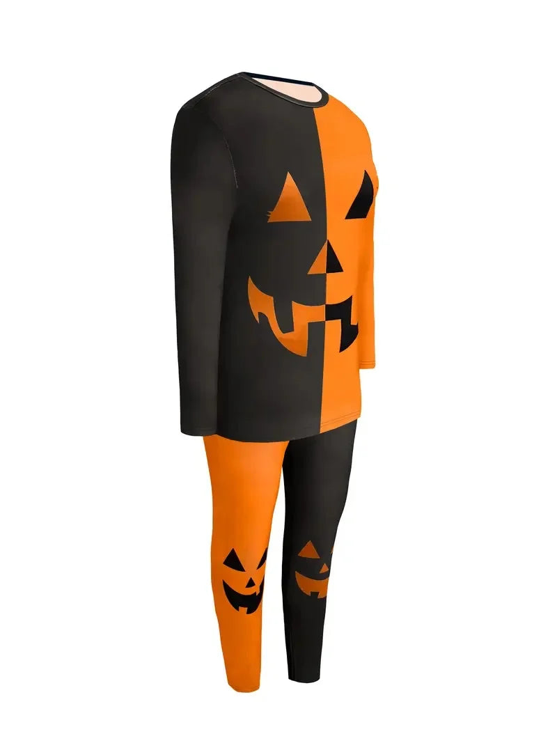 Plus Size Casual Women's Clothing, Fashionable Pumpkin Print Contrasting Color Two-Piece Set, Halloween Women's Suit